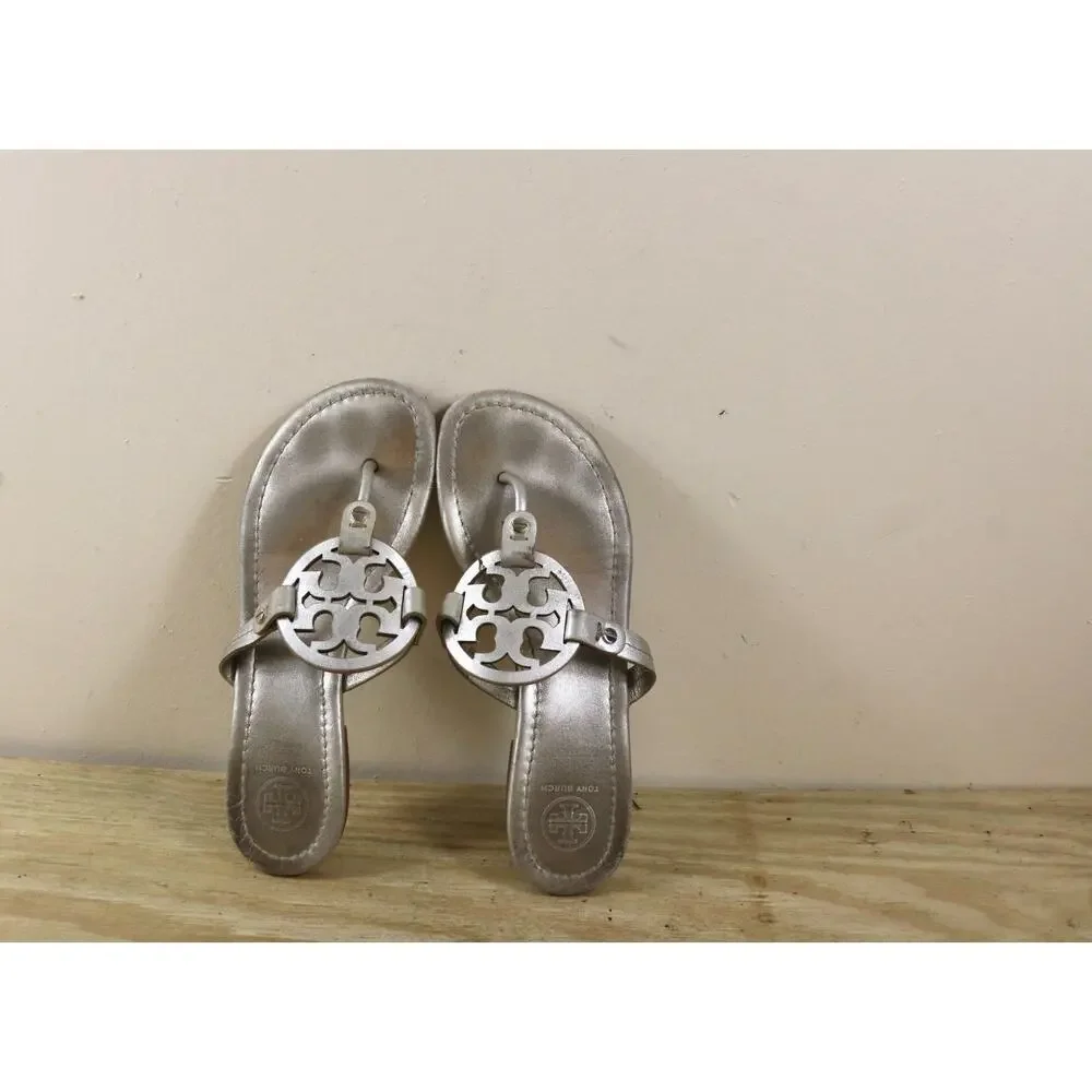 Tory Burch Sandals 7M Gold Leather Miller Logo Thong Shoes Flats